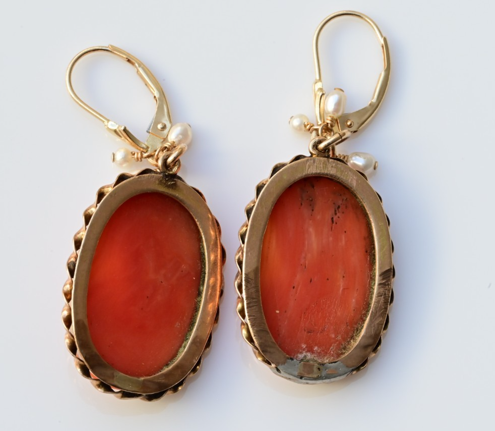 Antique Victorian Hand Carved Natural Red Coral Cameo Drop Dangle Earrings 14K5