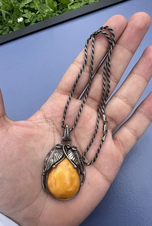 Gorgeous Natural Marbled Butterscotch Amber & Fine Silver Pendant Necklace1