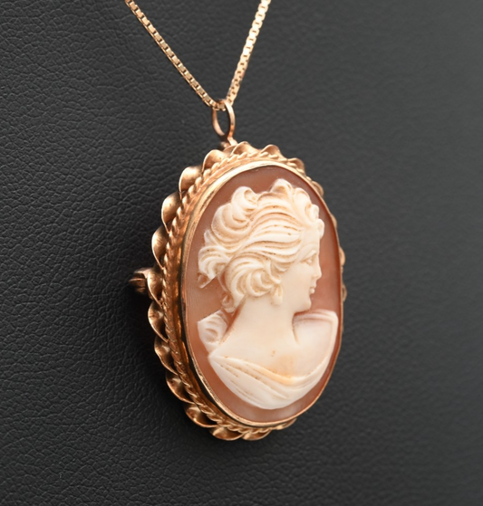Wonderful Antique 1900s Carved Cameo Brooch Pin / Pendant in 14K Yellow Gold1