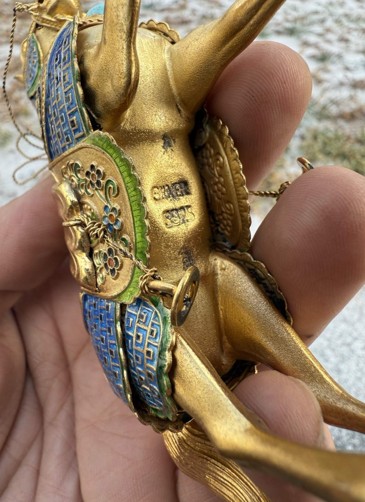 Majestic Chinese Vintage Enamel Gilt Export Silver Horse w/ Turquoise Gems10