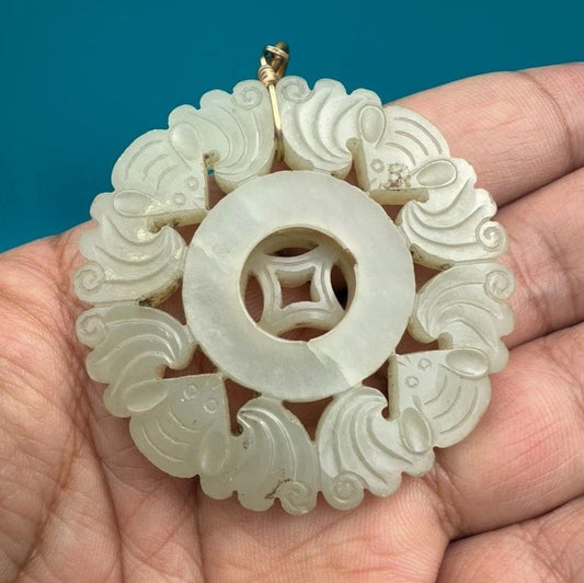 Amazing Antique Carved Chinese Lucky Bat Jade Pendant With Spinning Center1