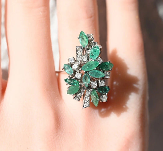 Gorgeous Natural Emerald & Diamond Cluster Party / Dinner Ring1