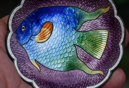 Vibrant & Colorful Antique Sterling Silver Enameled Candy Dish with Fish Motif1
