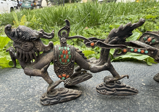 Antique Chinese Silver Sculpture of Dragon-Drawn Celestial Carriage Jade Wheels1