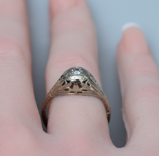 Lovely Art Deco era Ring with Intricate Filigree Work & Antique Cut Diamonds1