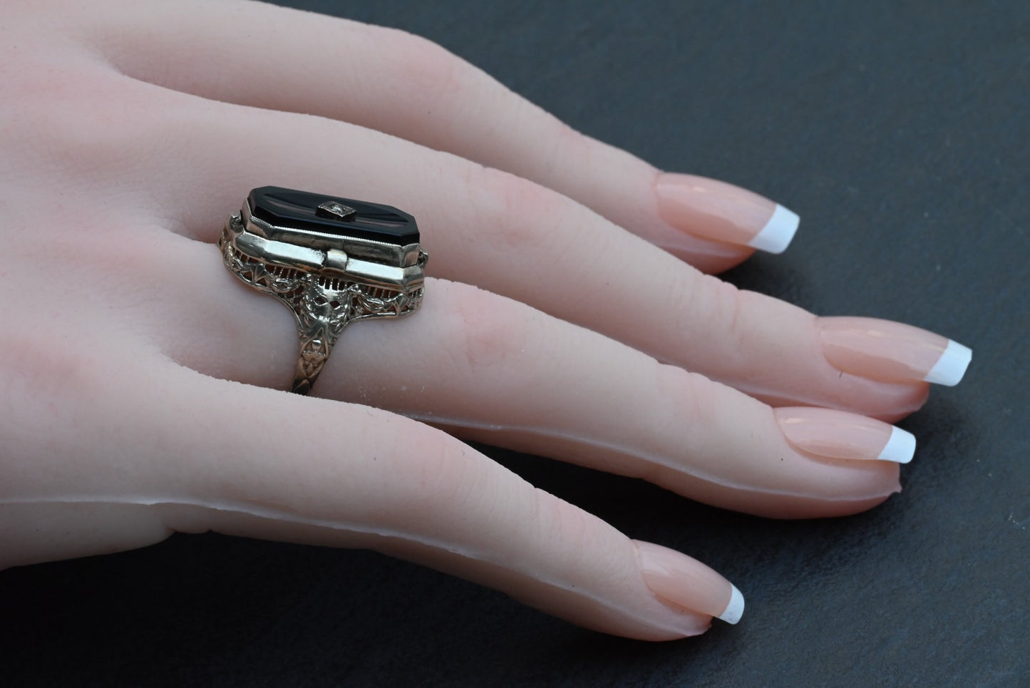 Superb Antique Carved Cameo & Black Onyx Flip Ring in 14k White Gold Ring4