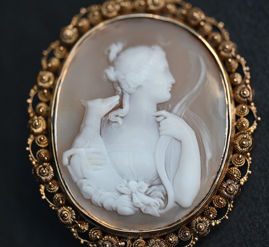 Antique Carved Cameo Depicting Goddess Diana (Artemis) & Her Hunting Dog 18K YG1