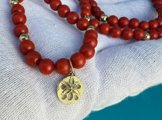 Unique Vintage Beaded Red Coral & 14k Yellow Gold Necklace W/ Gold Sand Dollar1