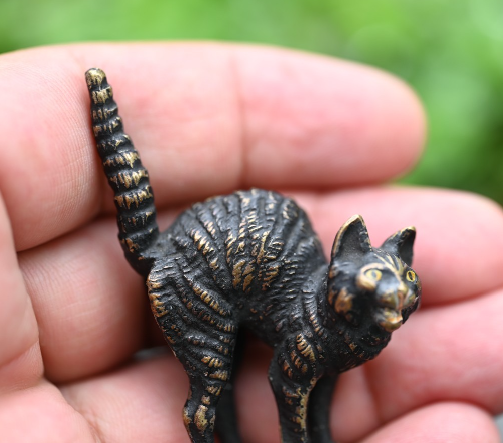 Antique Original Austrian Vienna Cold Painted Bronze Figure of Scary Black Cat6