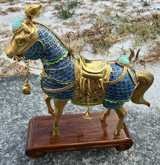 Majestic Chinese Vintage Enamel Gilt Export Silver Horse w/ Turquoise Gems1
