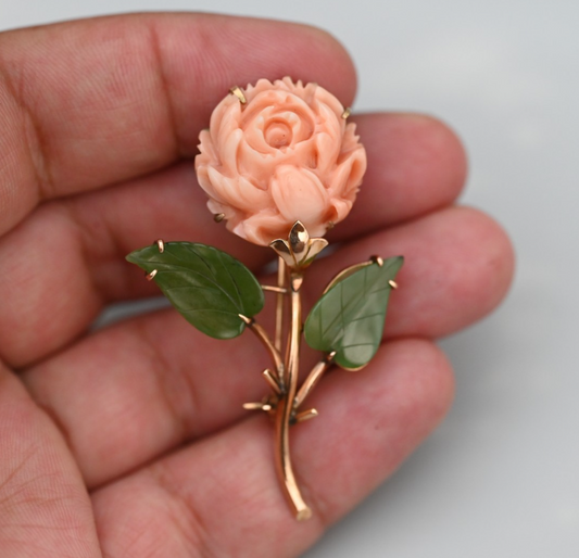 Gorgeous Carved Natural Coral & Leafy Green Jade 14k Gold Flower Brooch Pin1