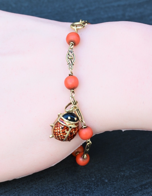 Antique / Vintage 14k Gold Natural Red Coral Beaded Charm Bracelet with Ladybug1