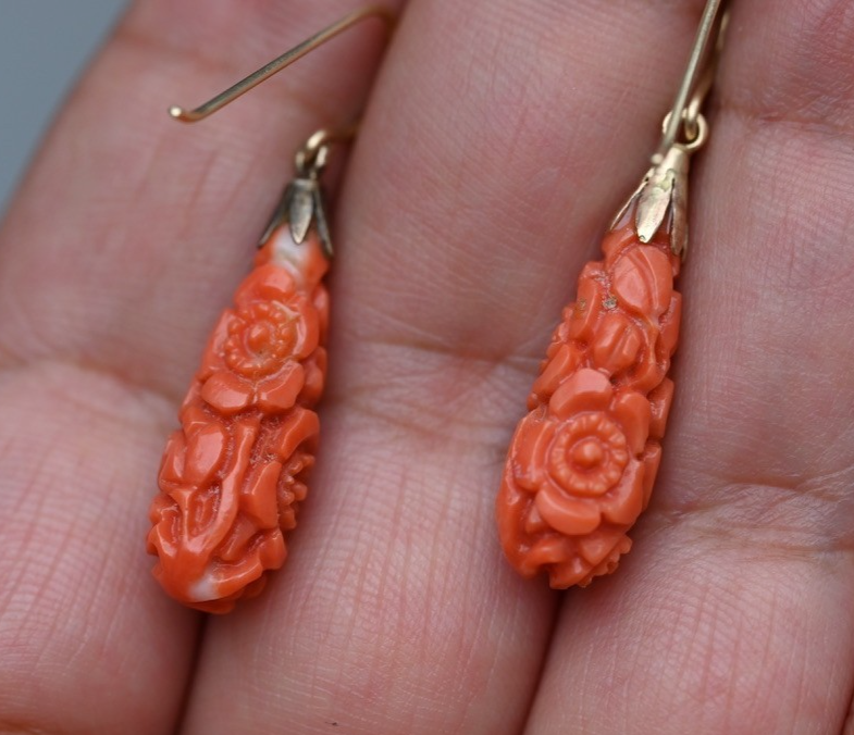Antique Hand Carved Natural Red Coral Drop Dangle Earrings with Floral Motif 14K3