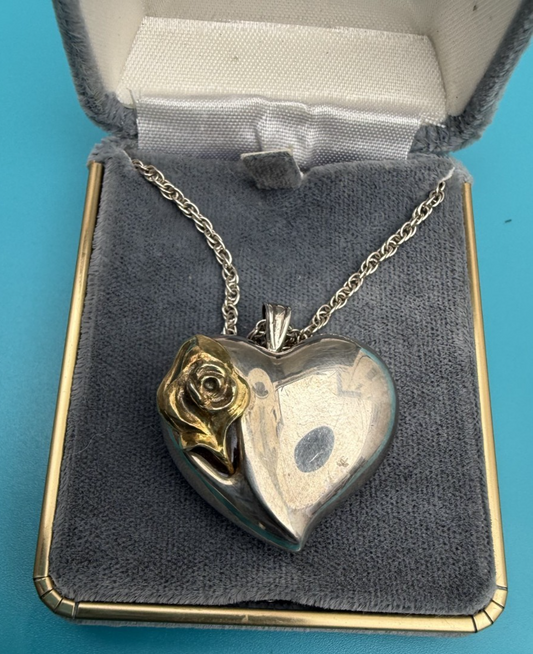 Gorham Sterling Silver Puffy Heart Pendant Necklace with a Gold-Plated Flower1