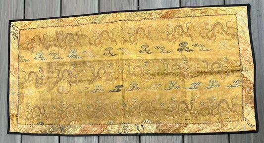 Early Antique Qing Dynasty Chinese Yellow Silk Brocade Panel with Gold Dragons1