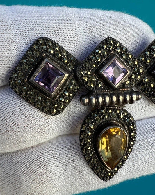 JUDITH JACK 925 Sterling Silver Vintage Amethyst Citrine Marcasite Gem Pendant1