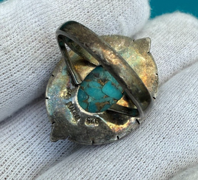 Superb Native American Signed Sterling Silver Ring w/ Turquoise Gem6