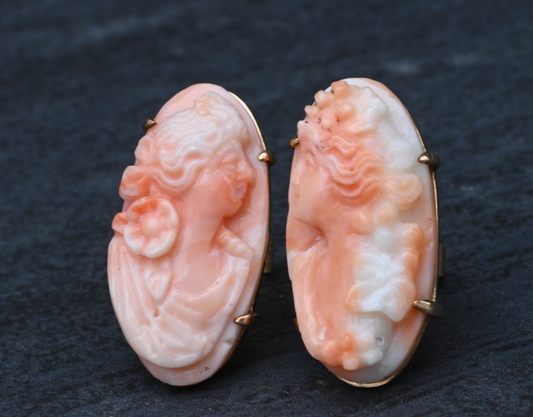 Antique 1900s Natural Coral Cameo Stud Earrings of Matching Beauties 14K Gold1