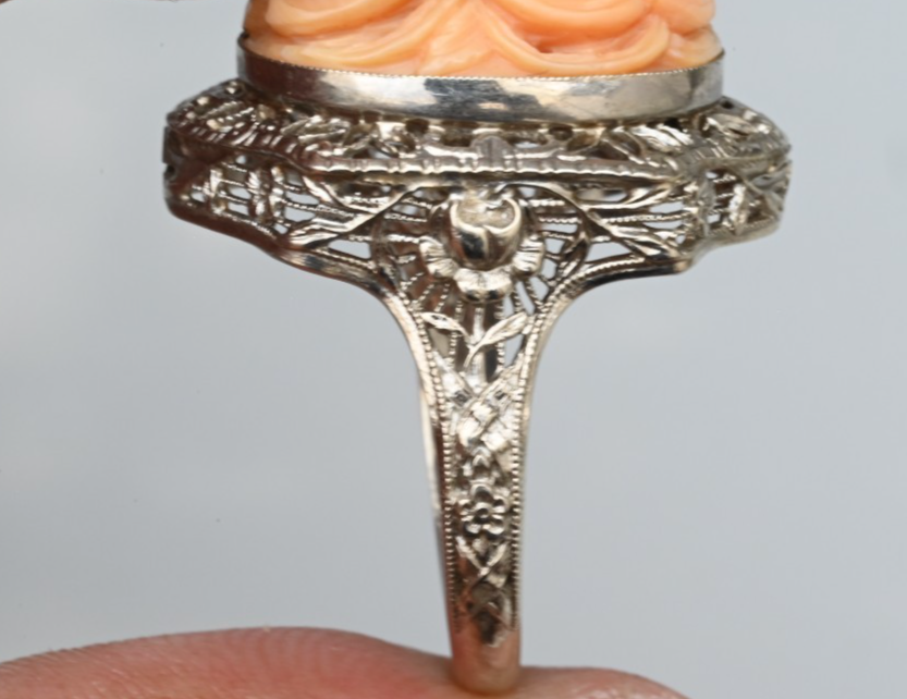 Antique 14K White Filigree Statement Ring With Hand Carved Natural Coral Gem7