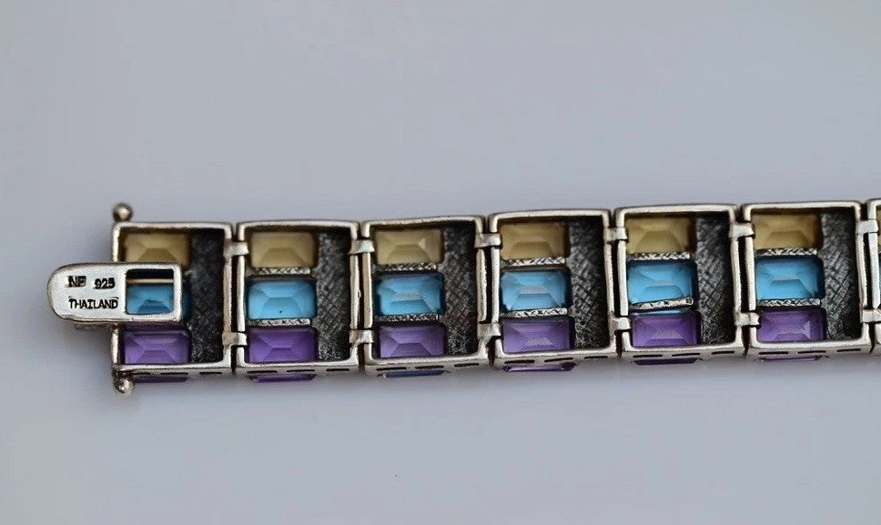 Beautiful Vintage Multi Gemstone & Sterling Silver Bracelet Marked NF6