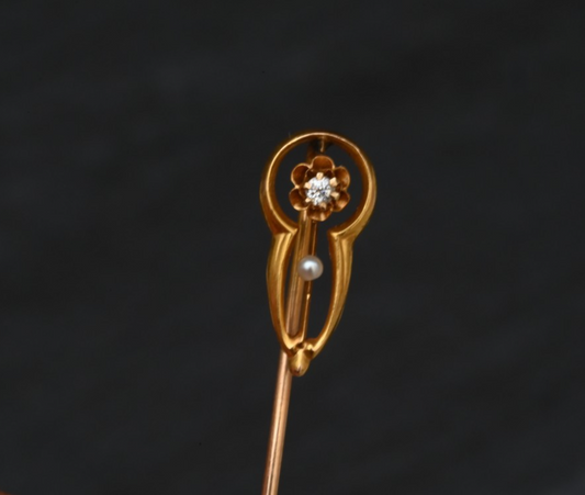 Antique 14K YG Stick Pin Ornate Head Accented with Diamond & Pearl1
