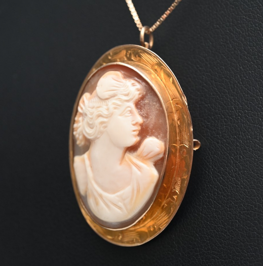 Antique 1900s Carved Shell Cameo Portrait of Woman Set in 10K Yellow Gold1