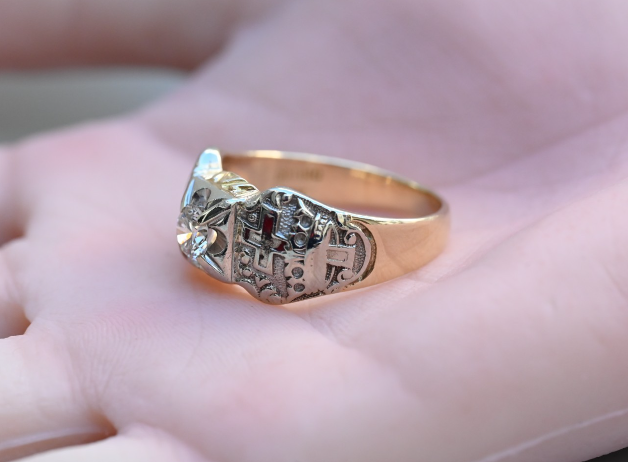 Awesome Vintage Two Tone 14k Gold Masonic Ring with .65 ct Round Diamond7