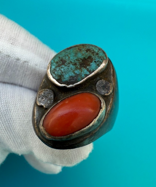 Beautiful Sterling Silver Southwest Style Ring w/ Turquoise & Coral1
