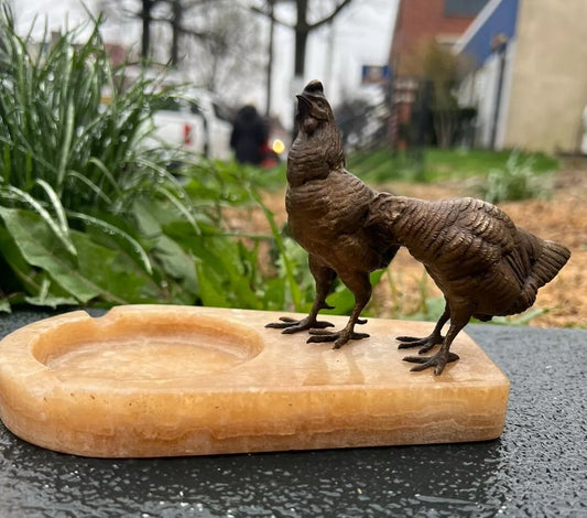 Early 1900s Antique Austrian Vienna Cold Painted Bronze Chickens / Hens Ashtray1