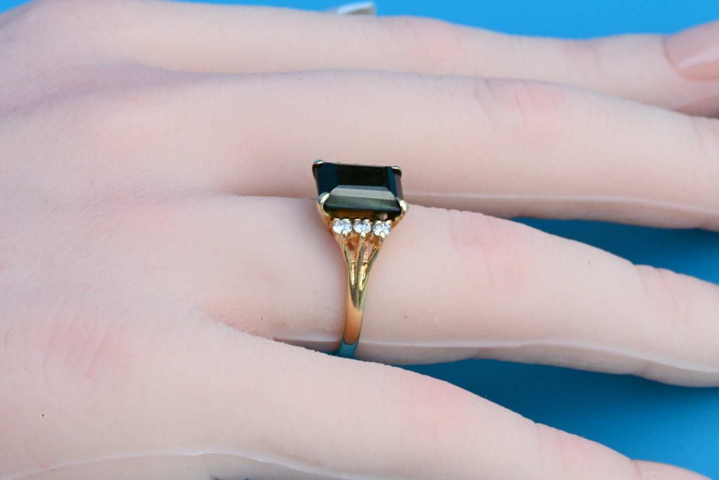 Emerald-Cut Green Tourmaline Flanked by Small Diamonds on 14K Yellow Gold Band12