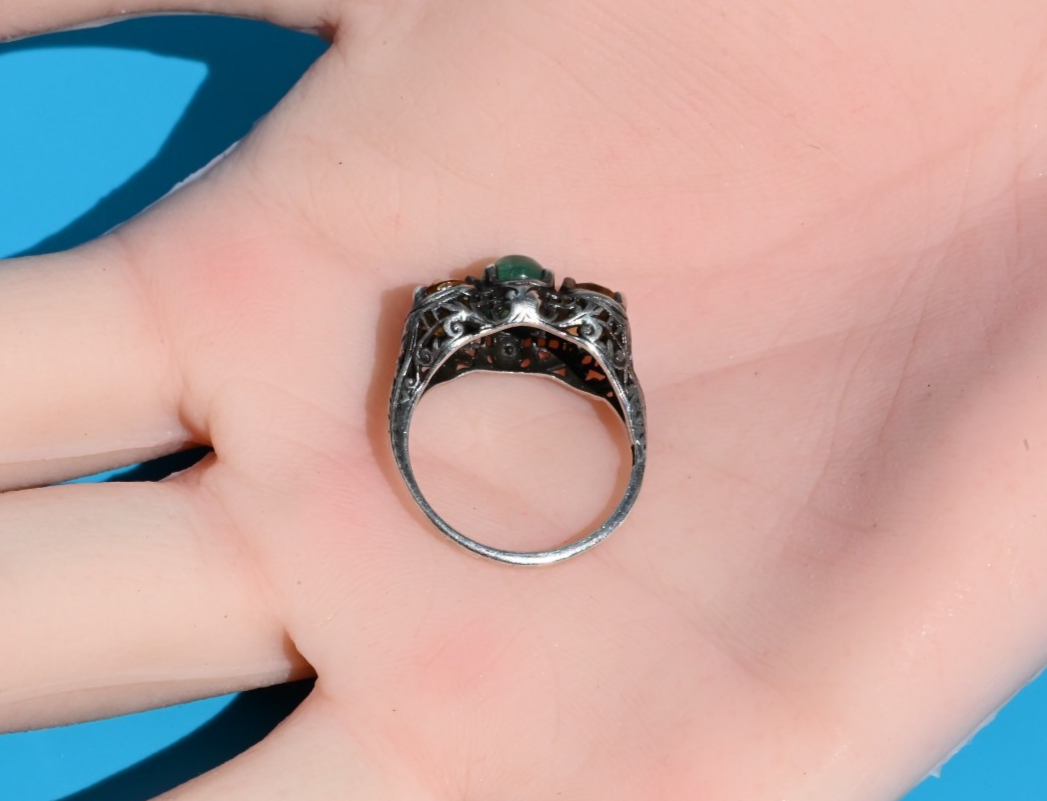 Antique Victorian / Art Deco 925 Sterling Silver Filigree w Natural Emerald Ring7