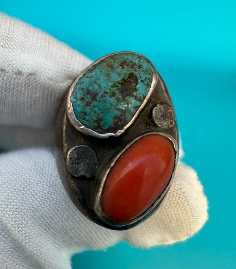 Beautiful Sterling Silver Southwest Style Ring w/ Turquoise & Coral6