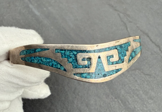 Vintage Sterling Silver Taxco Cuff Bracelet with Turquoise Inlay1