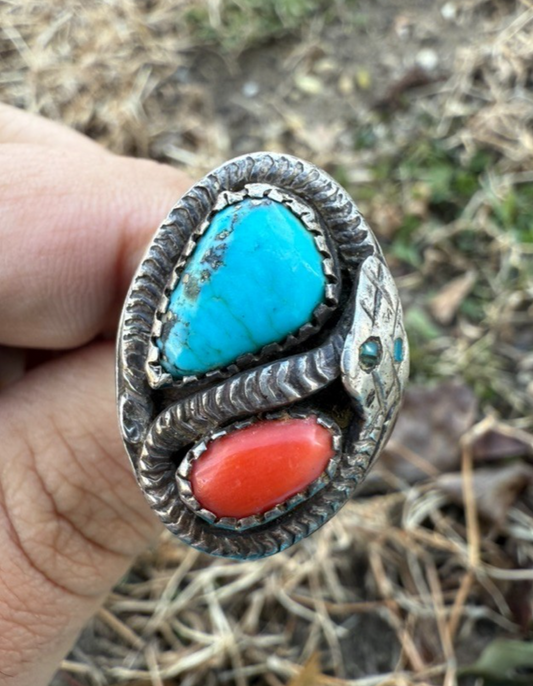 Superb Antique / Vintage Native American .925 Snake Design w/ Turquoise & Coral1