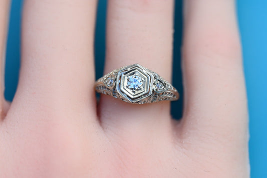 Amazing Antique Art Deco 1900s Diamonds & 18k White Gold Heart Design Ring 1