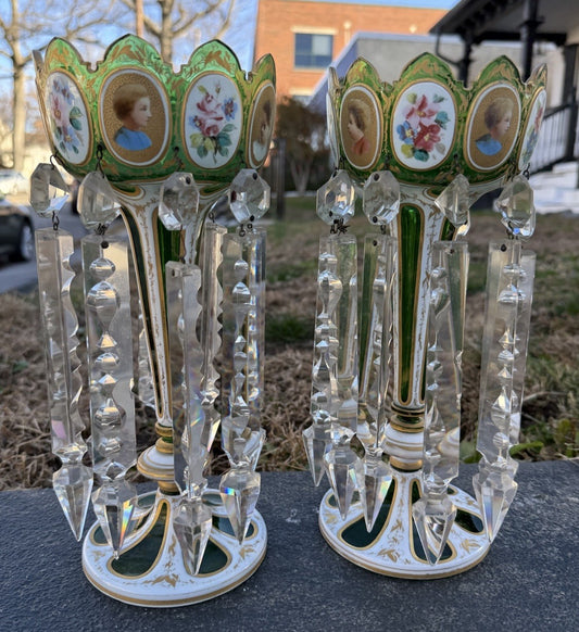 Antique 19th C. Bohemian Moser Glass Emerald Green Enameled & Gilt Lustres1