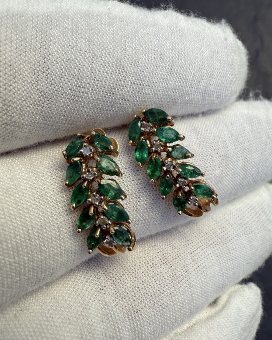 Pair of Natural Emerald Drop Earrings with Diamond Accents in 14K Yellow Gold10