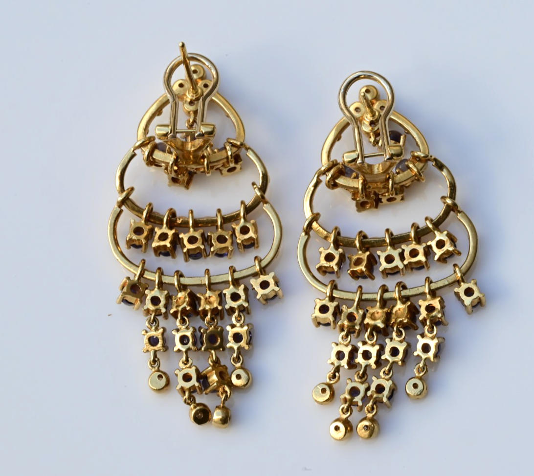 Exquisite Tiered Web Design 18K Yellow Gold Chandelier Earrings Sapphires & Dia1