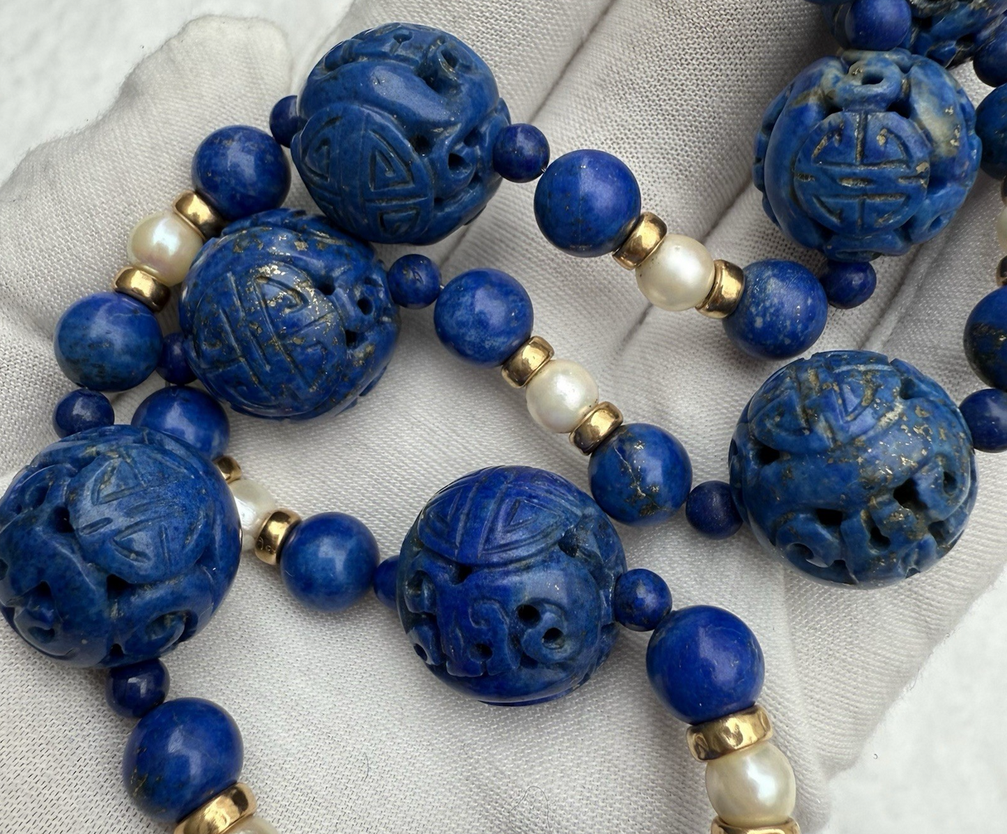 Stunning Chinese Carved Shou Royal Blue Lapiz Lazuli & 14k Beaded Necklace11
