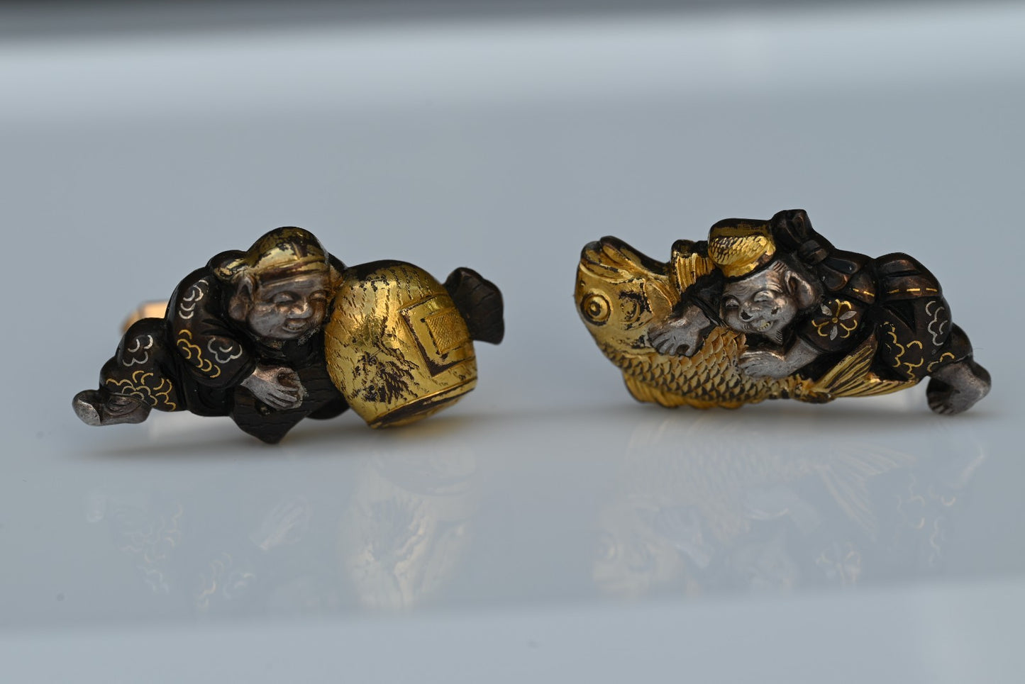 Custom Made Antique Meiji Period Japanese Sword Menuki 14K Yellow Cuff Links4