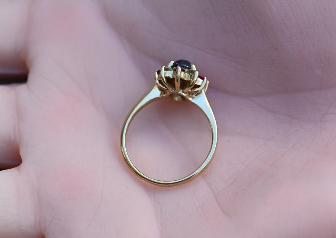 Elegant Antique / Vintage Natural Sapphire Ring with Halo of Rubies in .375 GTV7
