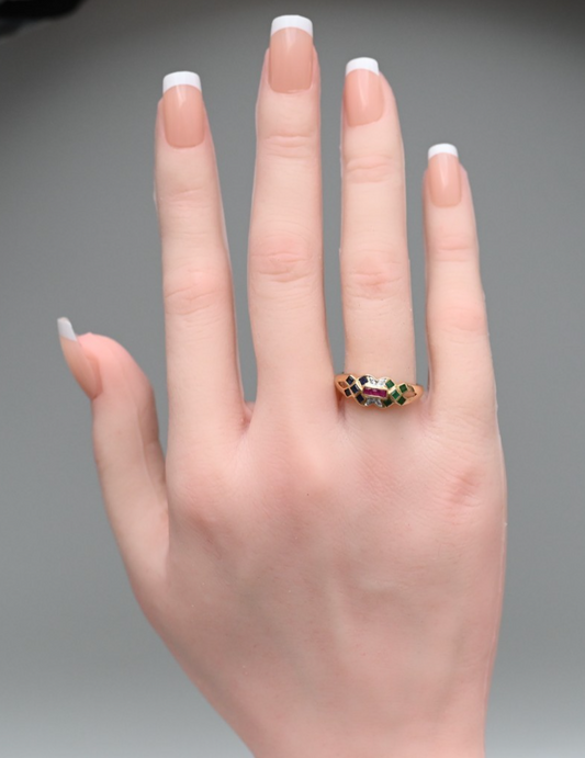 Mosaic Design Multi-gemstone Emeralds, Sapphires, Rubies, & Diamonds 14k YG Ring1