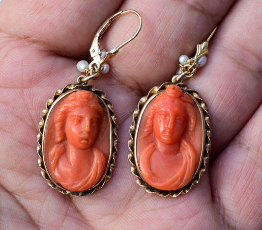 Antique Victorian Hand Carved Natural Red Coral Cameo Drop Dangle Earrings 14K1