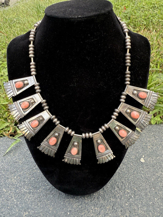 Vintage Native American Sterling Silver & Coral Statement Necklace1