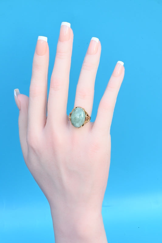 Lovely Muted Green Jade Cabochon set in a Decorative 14K Yellow Gold Mounting1