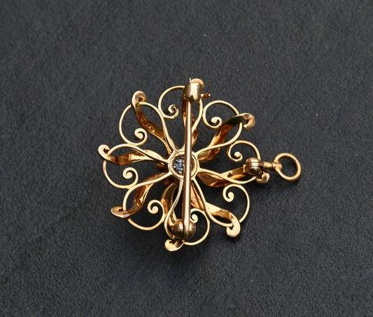 Lovely Antique Victorian-era 14K Starburst Brooch & Pendant w/ Mine Cut Diamond1