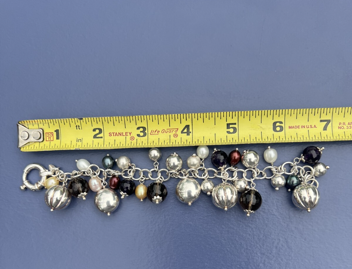 Beautiful Italian Sterling Silver Charm Bracelet w/ Pearls & Faceted Gemstone8