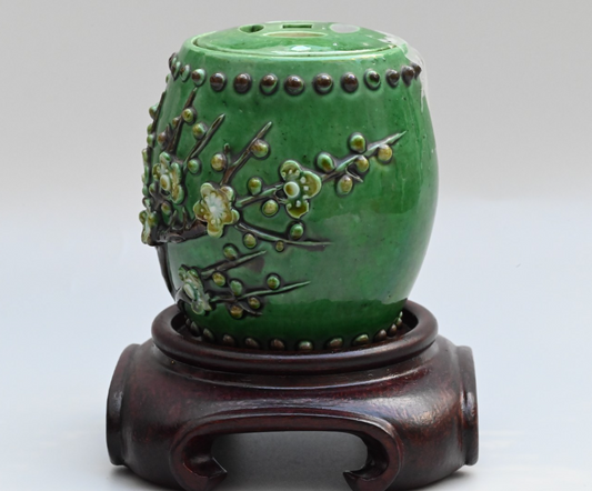 Unique Chinese Antique Porcelain Lid Jar / Cricket Cage w/ Raised Blossom Design1