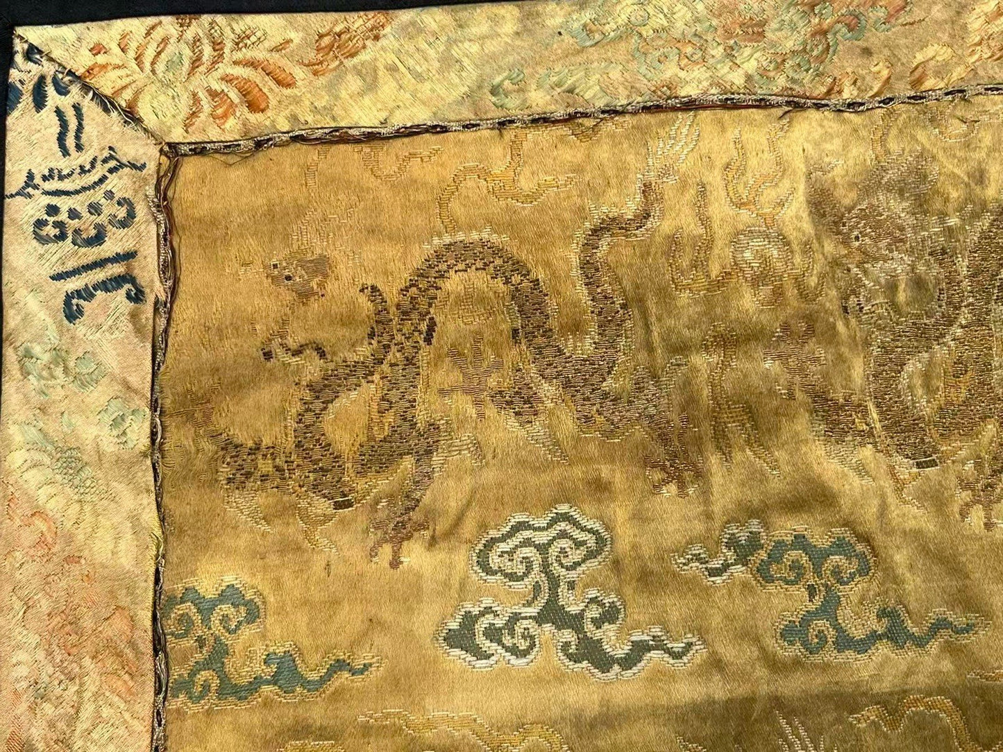 Early Antique Qing Dynasty Chinese Yellow Silk Brocade Panel with Gold Dragons9
