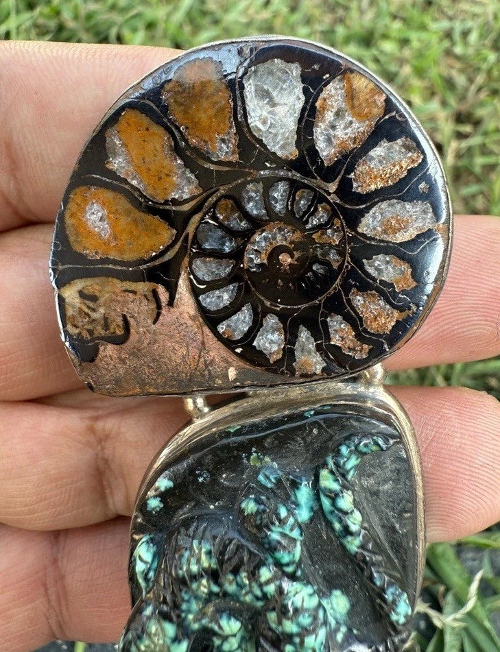Southwestern Style Sterling Silver Pendant W Ammonite Fossil & Carved Turquoise9